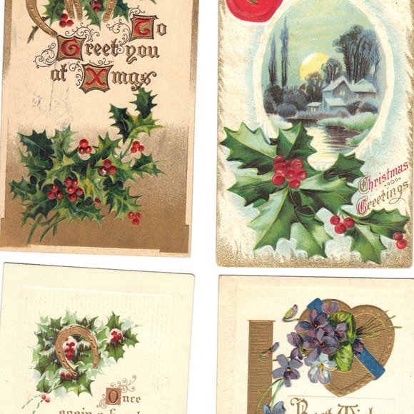 Lot of 4 Antique Christmas Postcards with Horseshoes - Lot 1027 - Picture 1 of 2